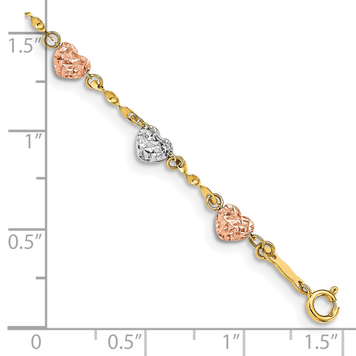 14k Tri-color Diamond-cut Puff Heart Bracelet-SF1832-7