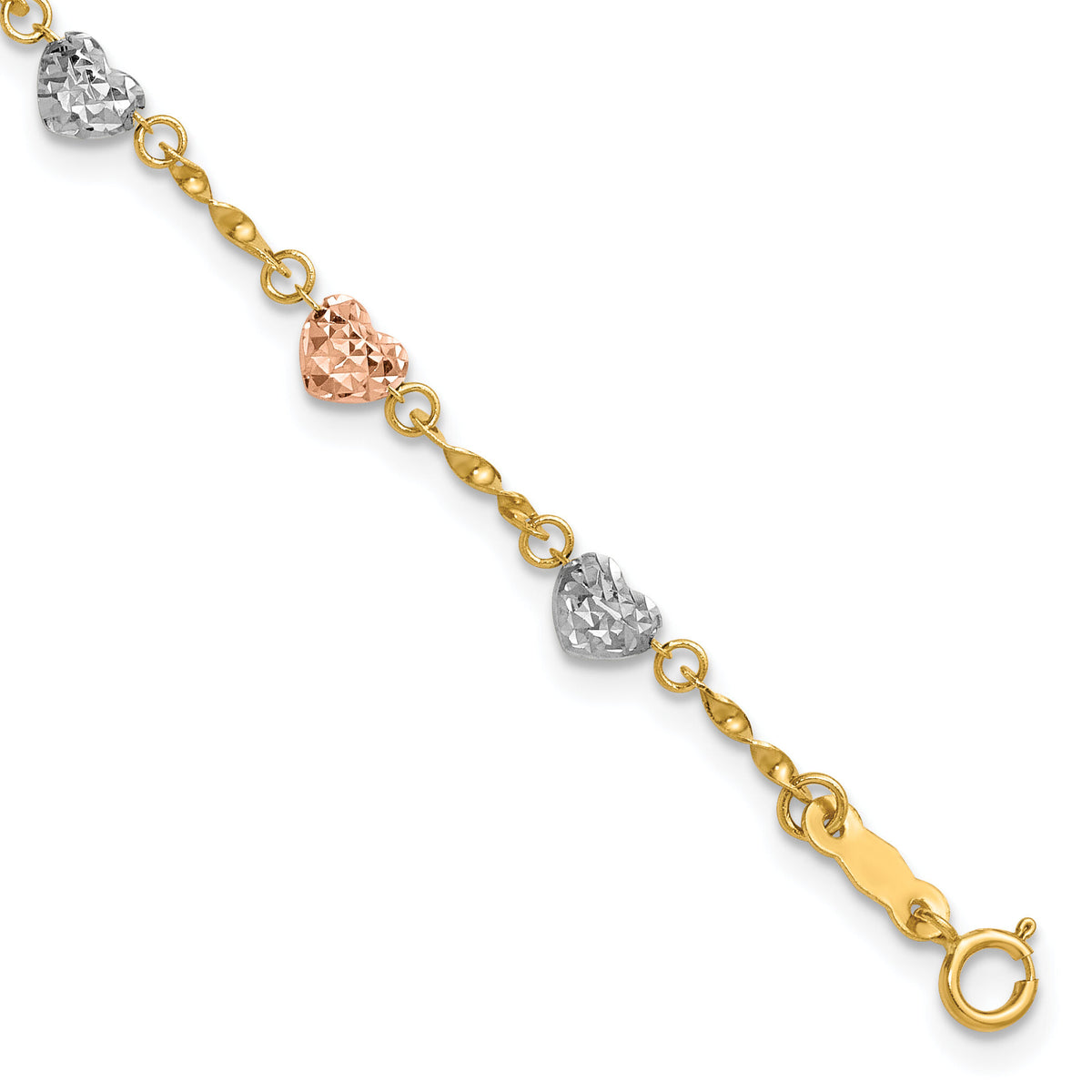 14k Tri-color Diamond-cut Puff Heart Bracelet-SF1832-8