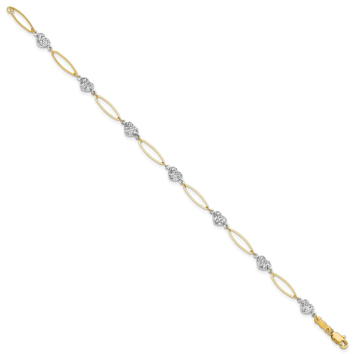 14k Two-tone Puff Heart & Flat Oval Bracelet-SF1859-7.25
