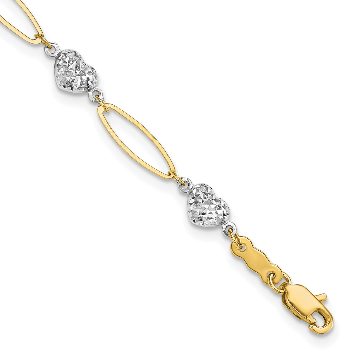 14k Two-tone Puff Heart & Flat Oval Bracelet-SF1859-7.25
