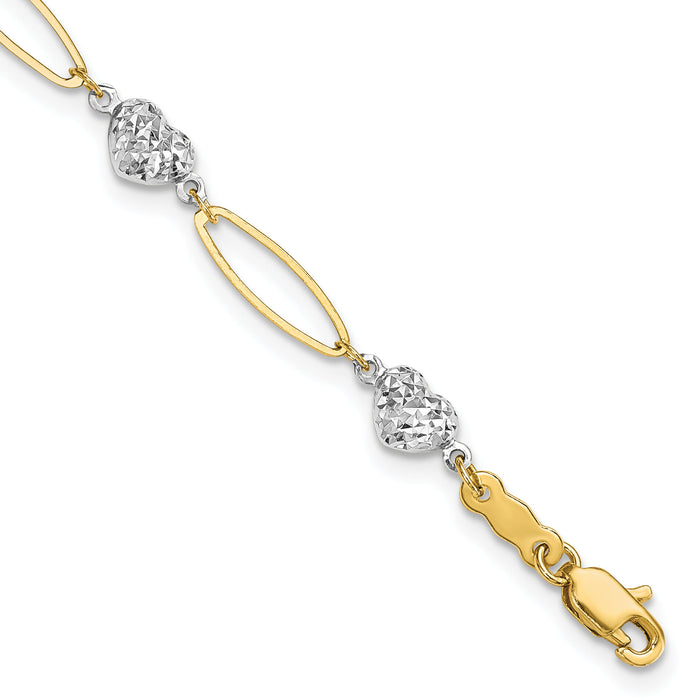 14k Two-tone Puff Heart & Flat Oval Bracelet-SF1859-7.25