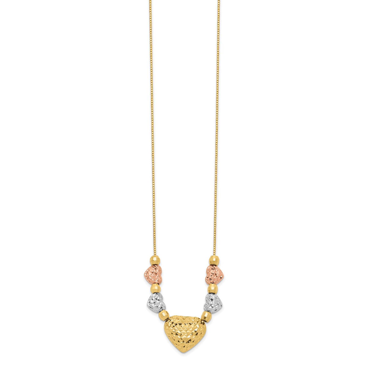 14k Tri-color Puff & Flat Hearts Necklace-SF1878-18