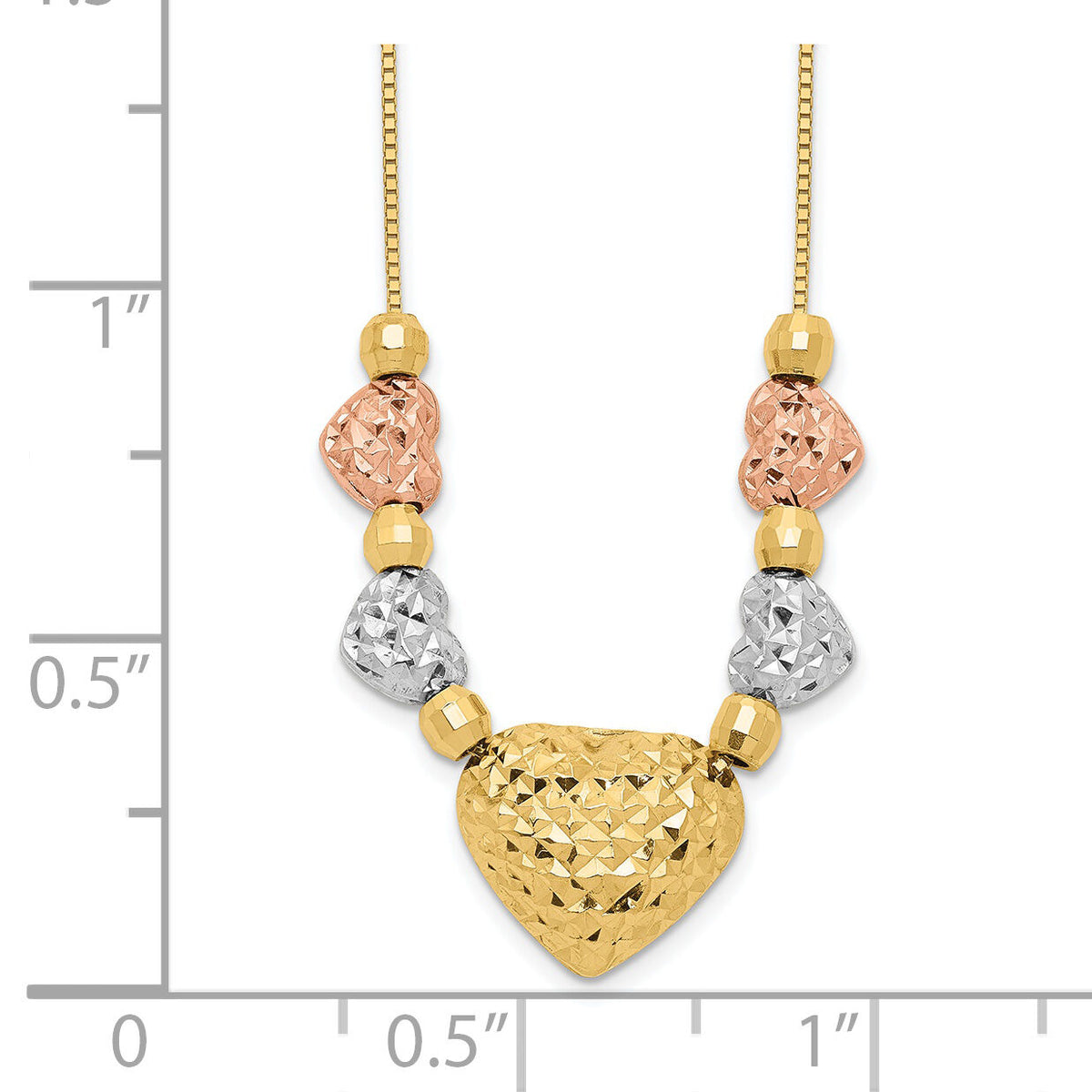 14k Tri-color Puff & Flat Hearts Necklace-SF1878-18