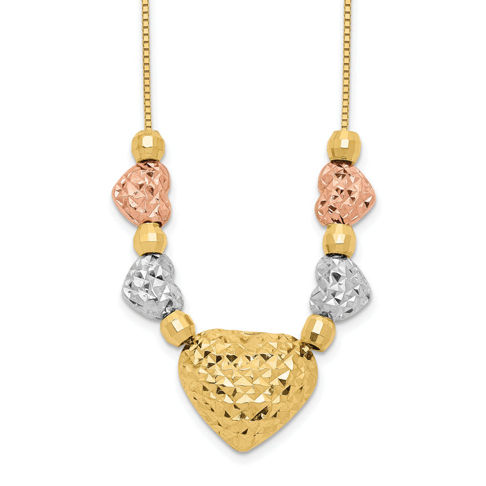 14k Tri-color Puff & Flat Hearts Necklace-SF1878-18