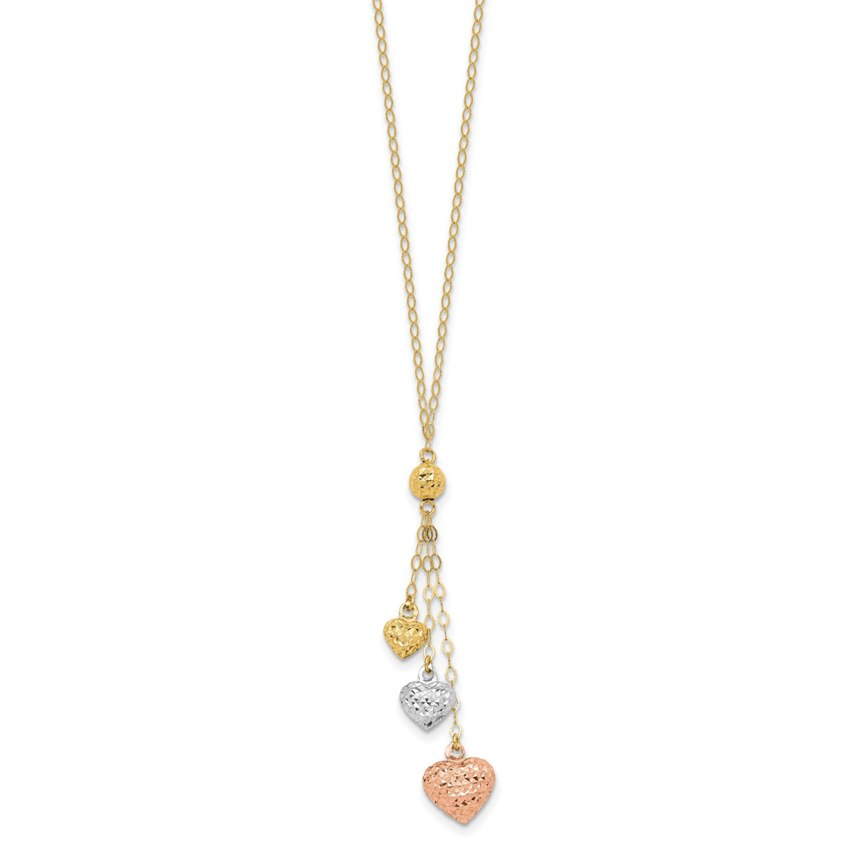 14k Tri-color Puff Heart Lariat with 2in ext Necklace-SF1879-16
