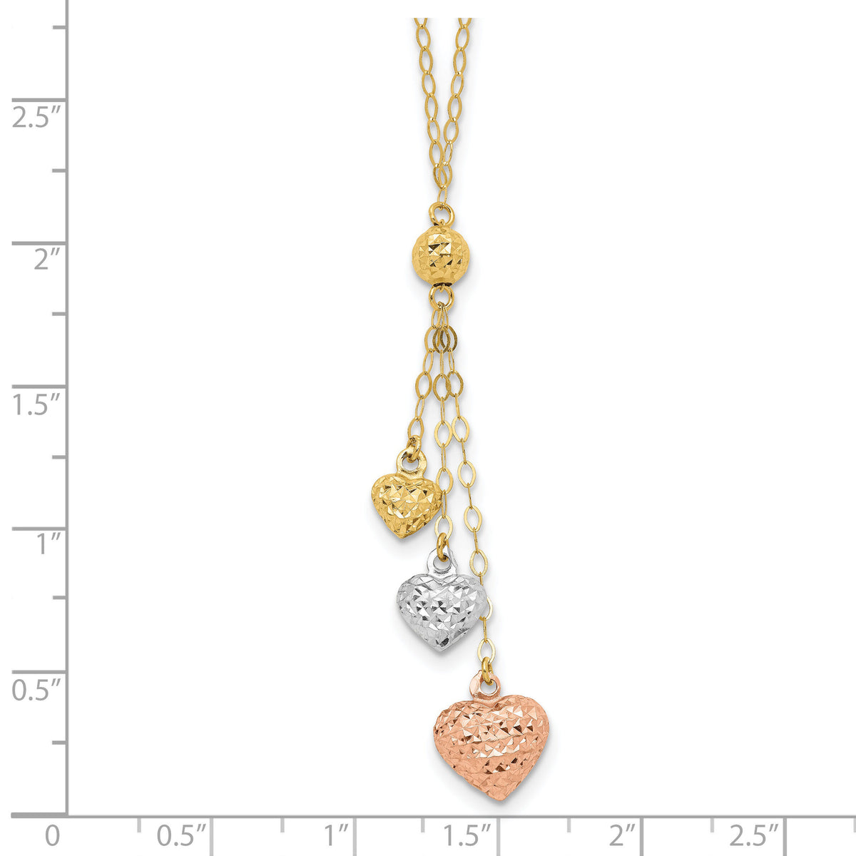 14k Tri-color Puff Heart Lariat with 2in ext Necklace-SF1879-16