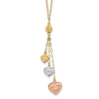 14k Tri-color Puff Heart Lariat with 2in ext Necklace-SF1879-16