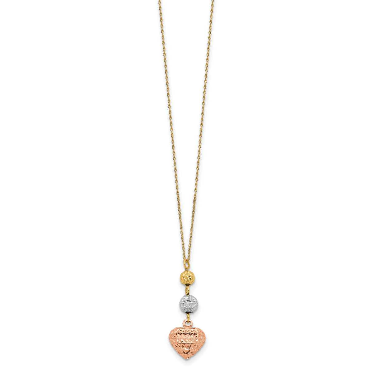 14K Tri-color Ropa Diamond Cut Beads & Heart w/ 2in Ext Necklace-SF2049-16