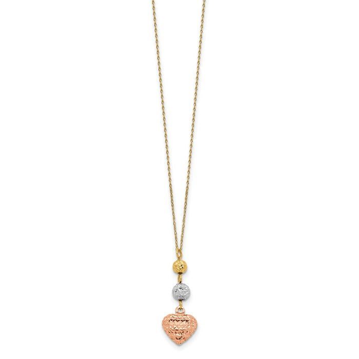 14K Tri-color Ropa Diamond Cut Beads & Heart w/ 2in Ext Necklace-SF2049-16