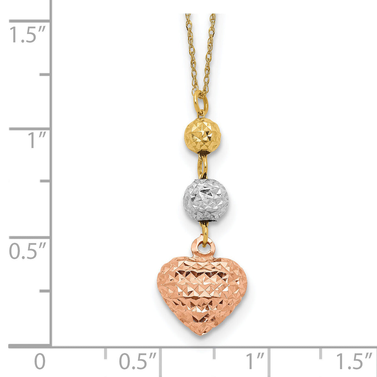 14K Tri-color Ropa Diamond Cut Beads & Heart w/ 2in Ext Necklace-SF2049-16