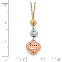 14K Tri-color Ropa Diamond Cut Beads & Heart w/ 2in Ext Necklace-SF2049-16