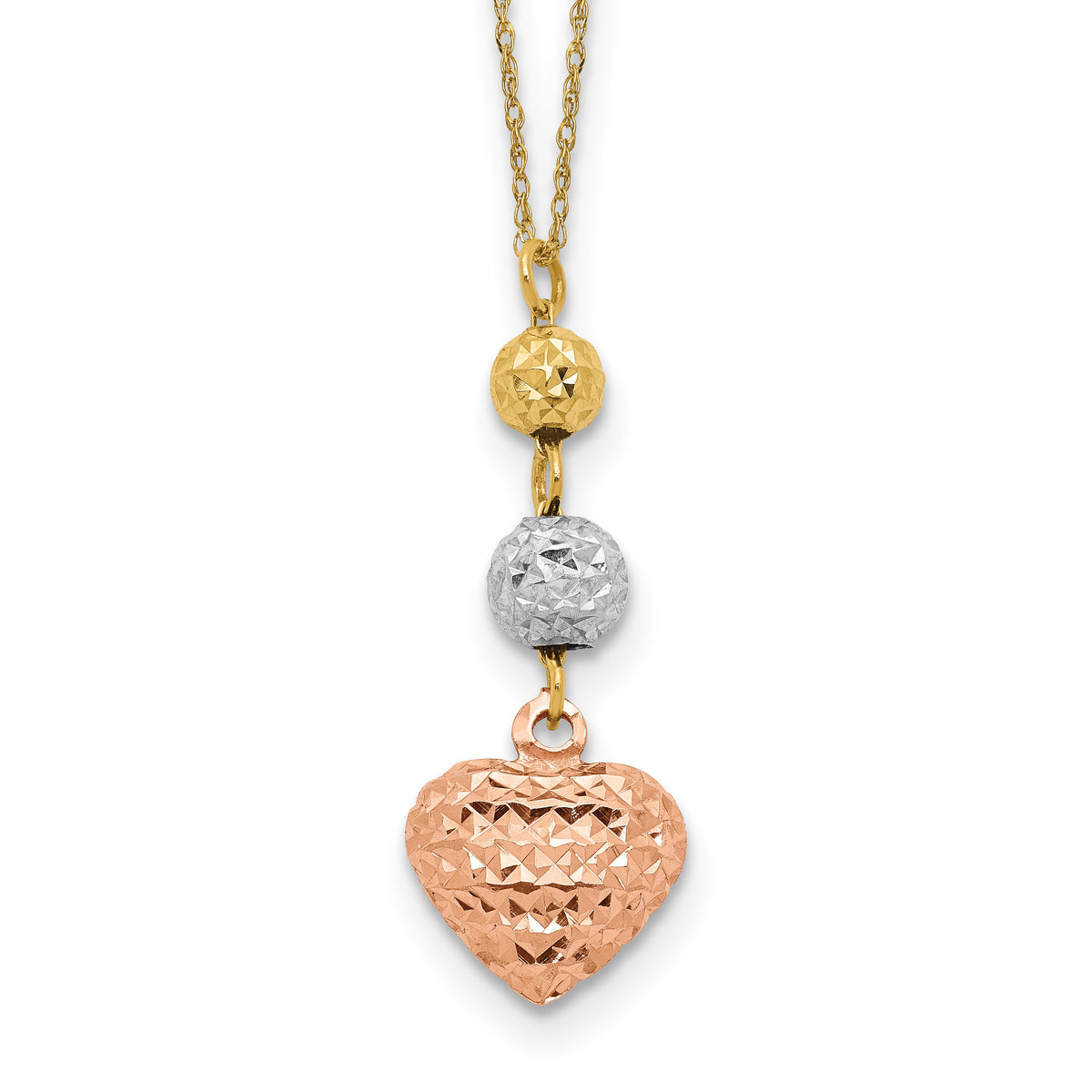 14K Tri-color Ropa Diamond Cut Beads & Heart w/ 2in Ext Necklace-SF2049-16