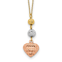 14K Tri-color Ropa Diamond Cut Beads & Heart w/ 2in Ext Necklace-SF2049-16