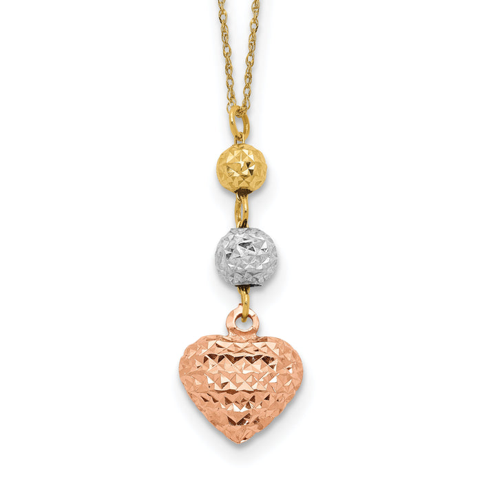 14K Tri-color Ropa Diamond Cut Beads & Heart w/ 2in Ext Necklace-SF2049-16