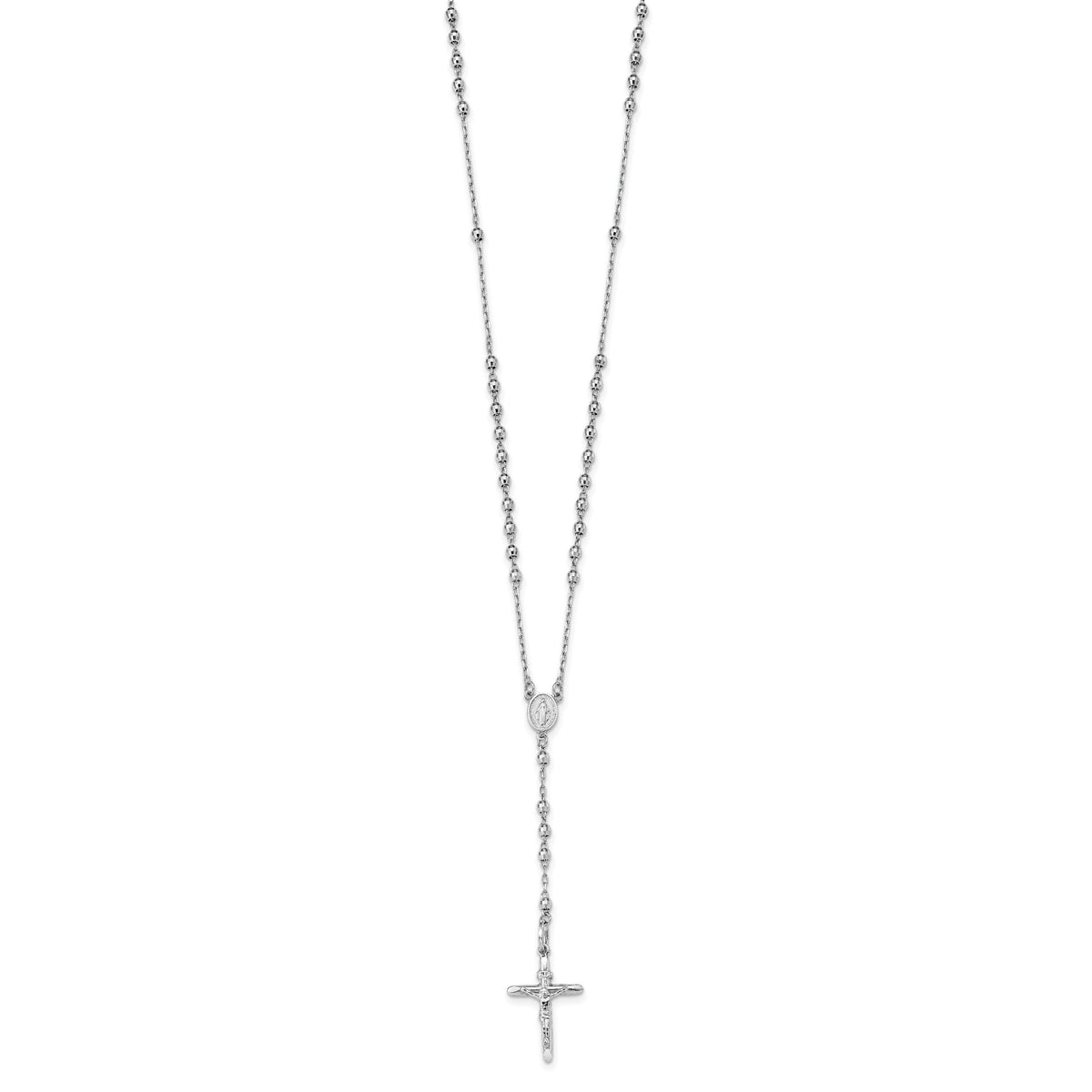 14k White Gold 3mm Mirror Beaded Rosary 24 inch Necklace-SF2064-24