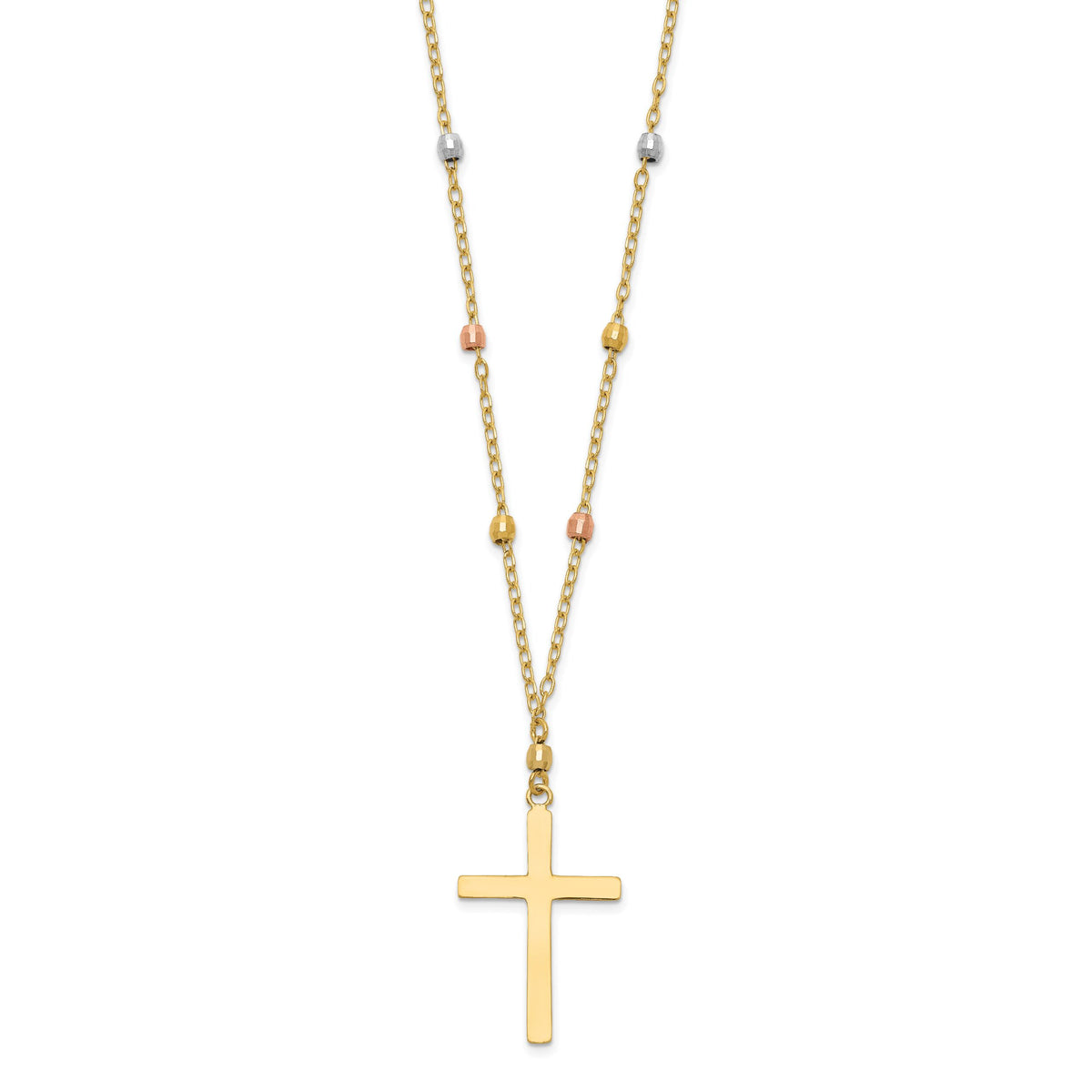 14K Tri Colored Gold Diamond Cut Beaded Cross Necklace-SF2286-18