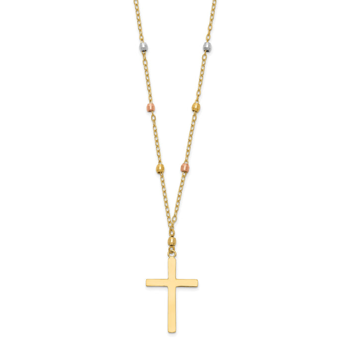 14K Tri Colored Gold Diamond Cut Beaded Cross Necklace-SF2286-18