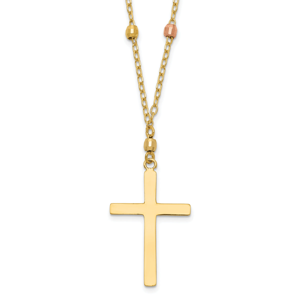 14K Tri Colored Gold Diamond Cut Beaded Cross Necklace-SF2286-18