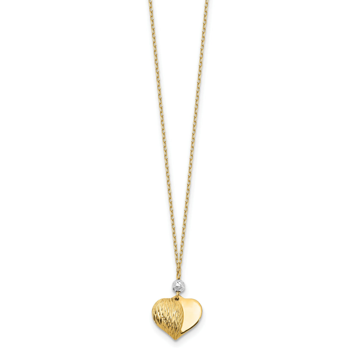 14K Two Tone Polished & D/C Puffed Heart 18 inch Necklace-SF2287-18