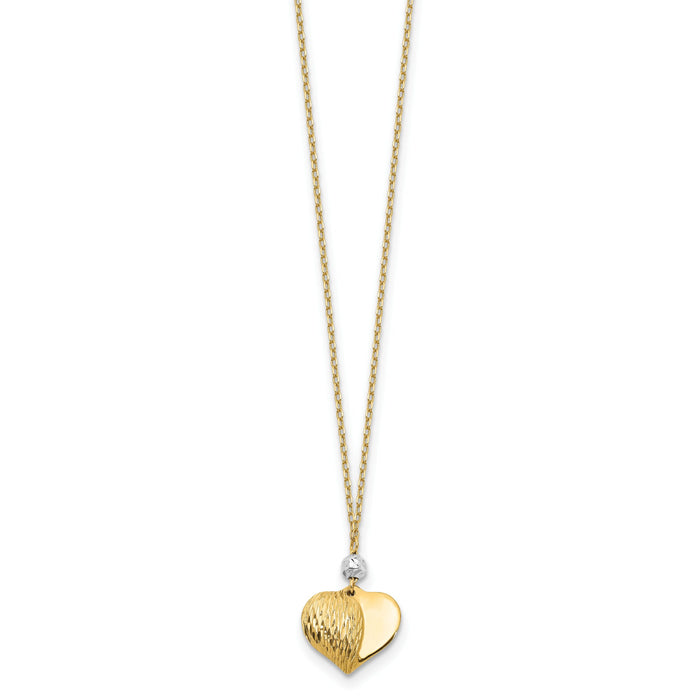 14K Two Tone Polished & D/C Puffed Heart 18 inch Necklace-SF2287-18