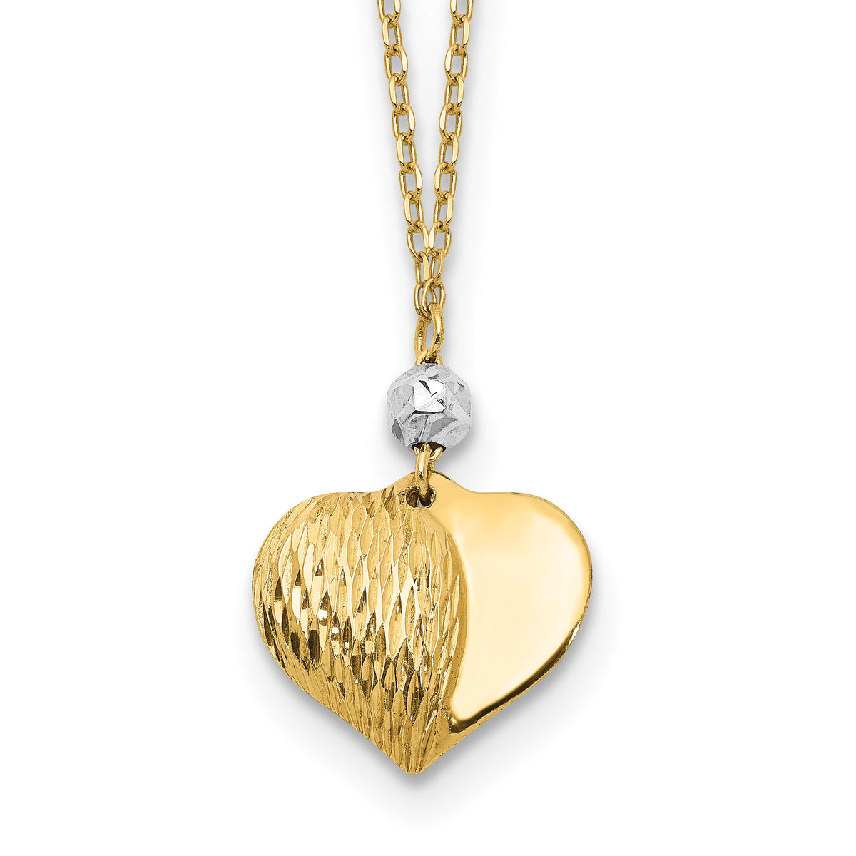 14K Two Tone Polished D/C Puffed Heart 16 inch Necklace-SF2287-16