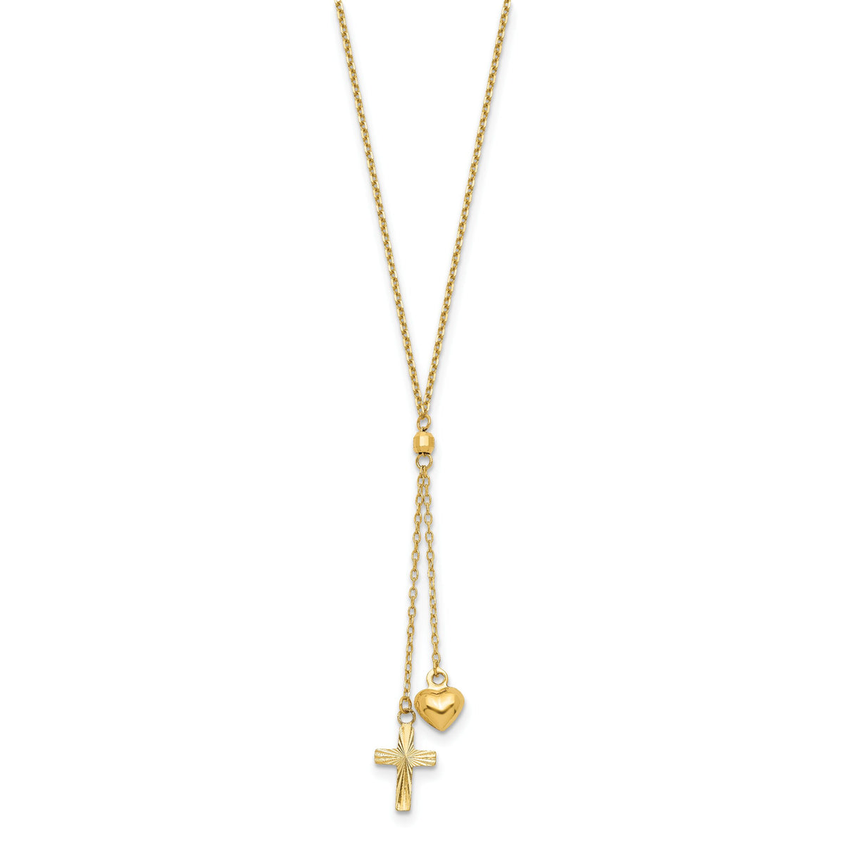 14K Puffed Heart & D/C Cross W/2 IN Ext Necklace-SF2288-16
