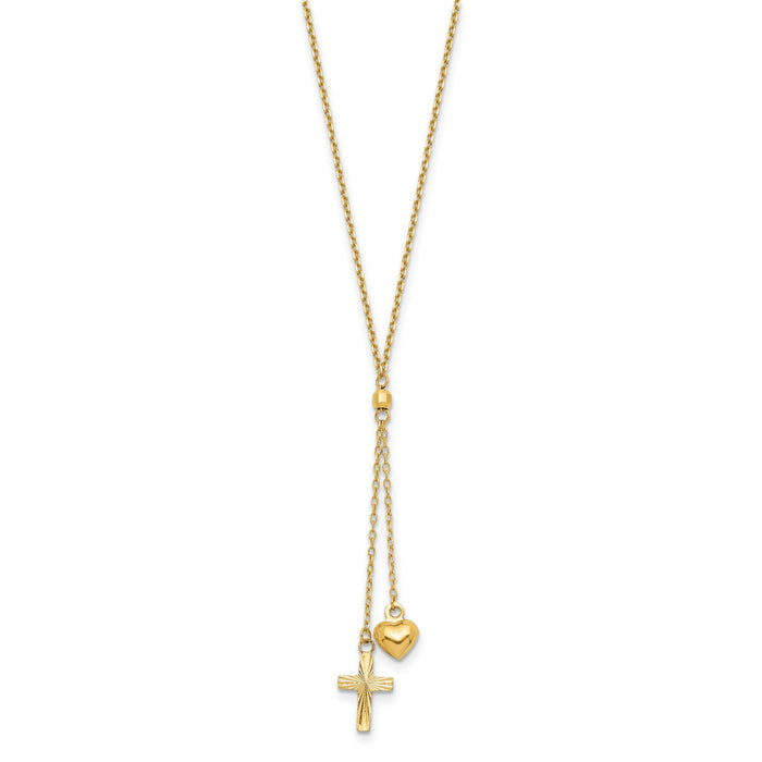 14K Puffed Heart & D/C Cross W/2 IN Ext Necklace-SF2288-16