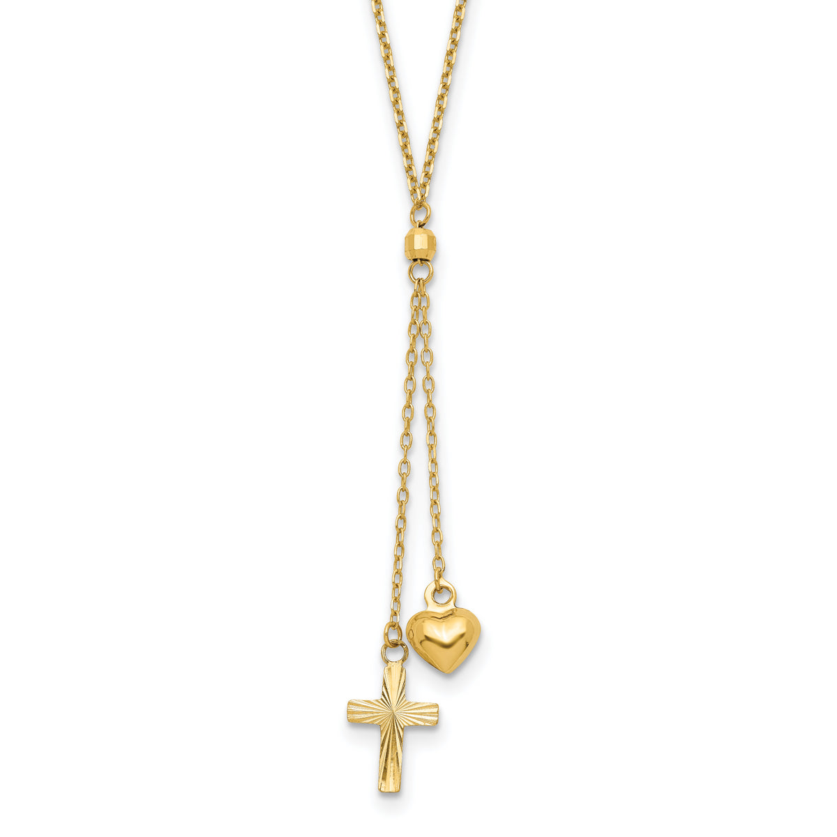 14K Puffed Heart & D/C Cross W/2 IN Ext Necklace-SF2288-16