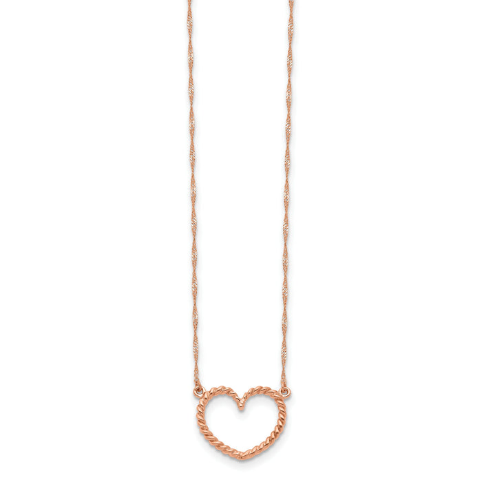 14k Rose Gold Polished and Textured Heart 17 inch Necklace-SF2291-17