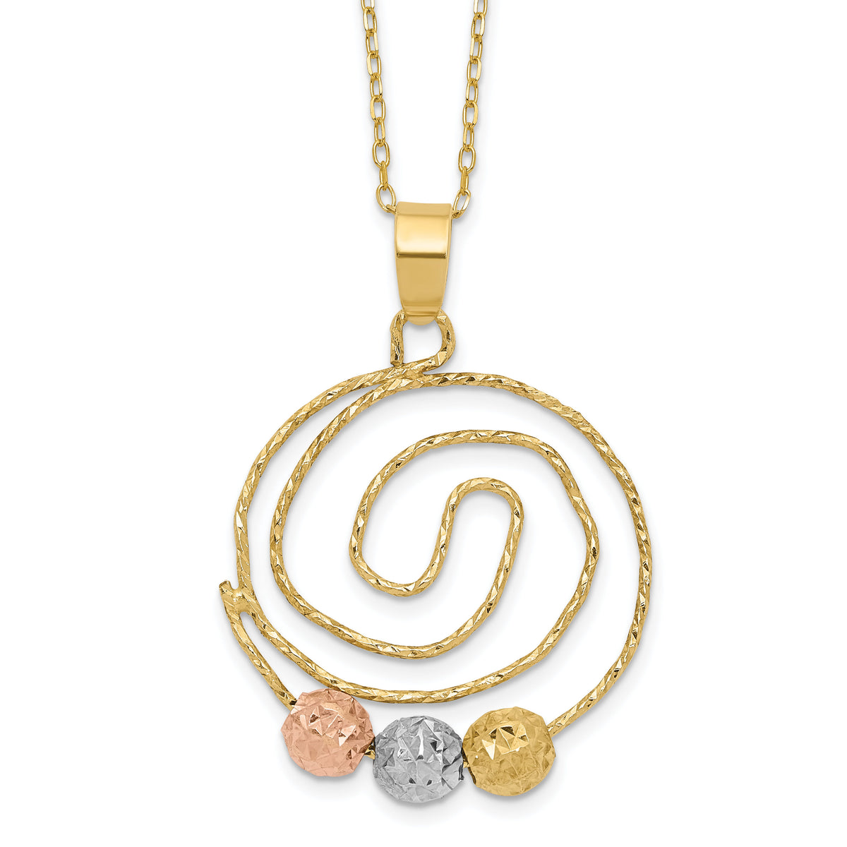 14k Tri-color D/C Beads on Spiral Pendant Necklace-SF2441-18