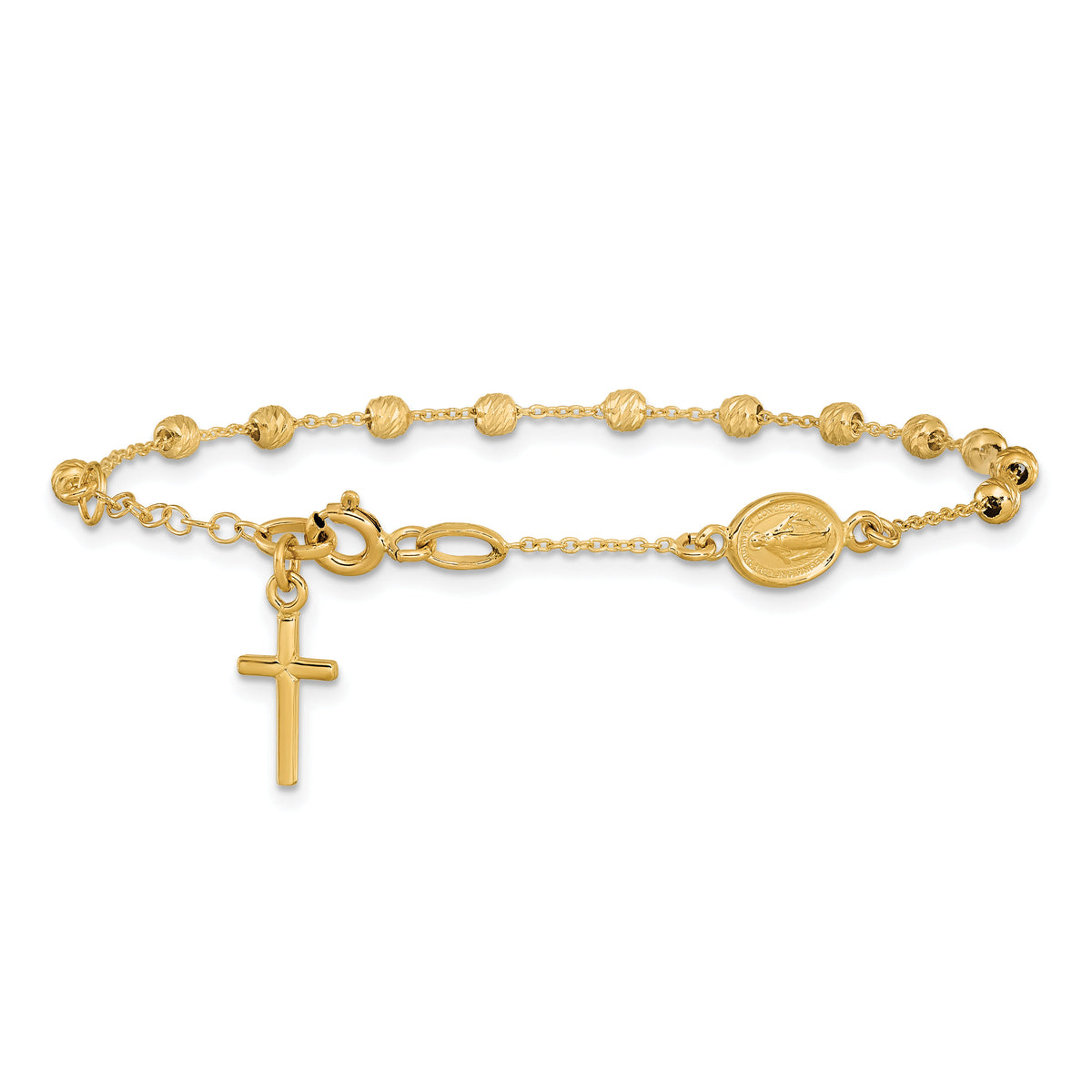 14k Polished D/C Cross and Miraculous Medal .75in ext. Bracelet-SF2508-6