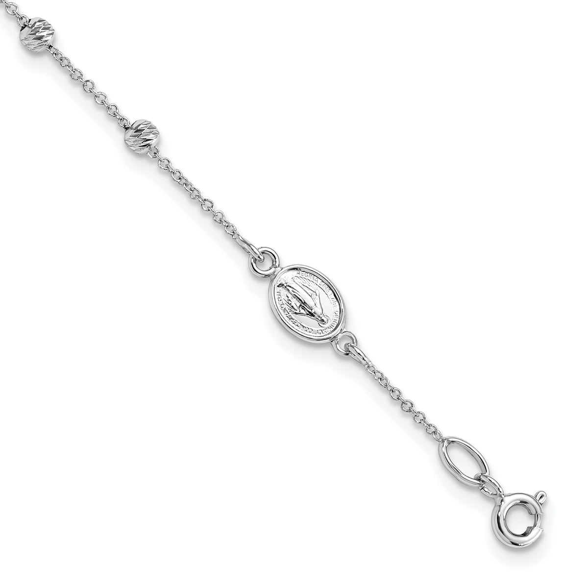 14k White Gold D/C Cross and Miraculous Medal .75in ext. Bracelet-SF2509-6