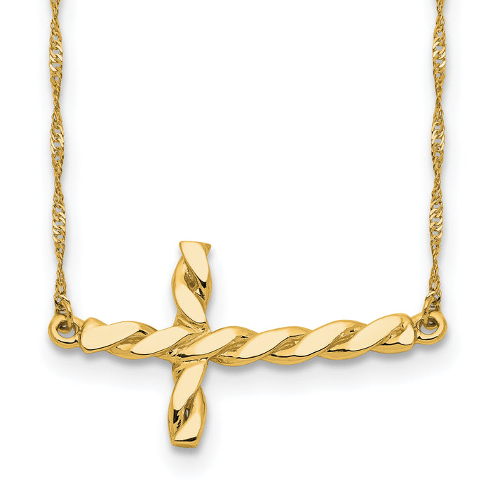 14k Polished Twisted Sideways Cross 17 inch Necklace-SF2519-17