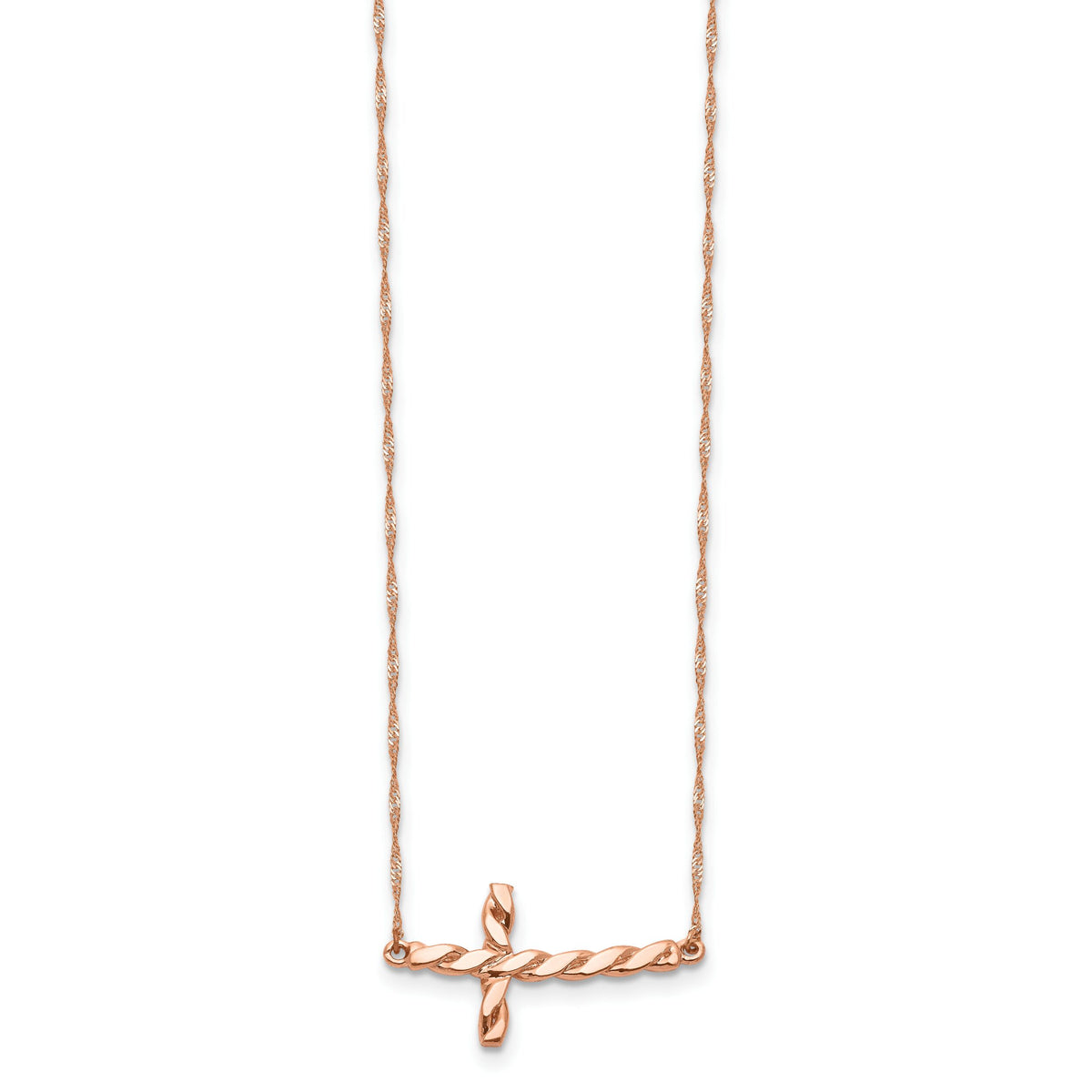 14k Rose Gold Polished Twisted Sideways Cross 17 inch Necklace-SF2521-17