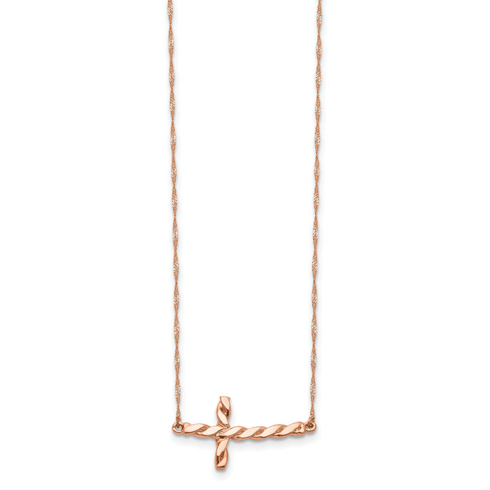 14k Rose Gold Polished Twisted Sideways Cross 17 inch Necklace-SF2521-17