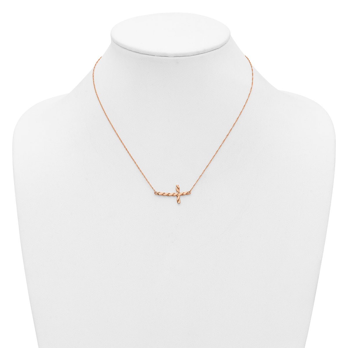14k Rose Gold Polished Twisted Sideways Cross 17 inch Necklace-SF2521-17