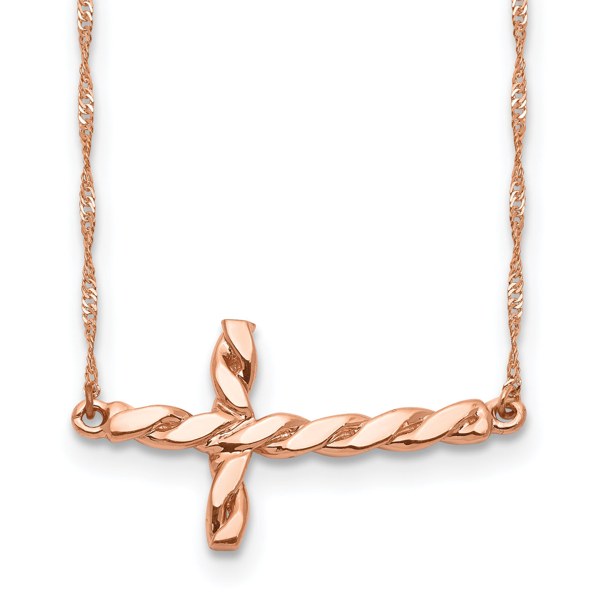 14k Rose Gold Polished Twisted Sideways Cross 17 inch Necklace-SF2521-17
