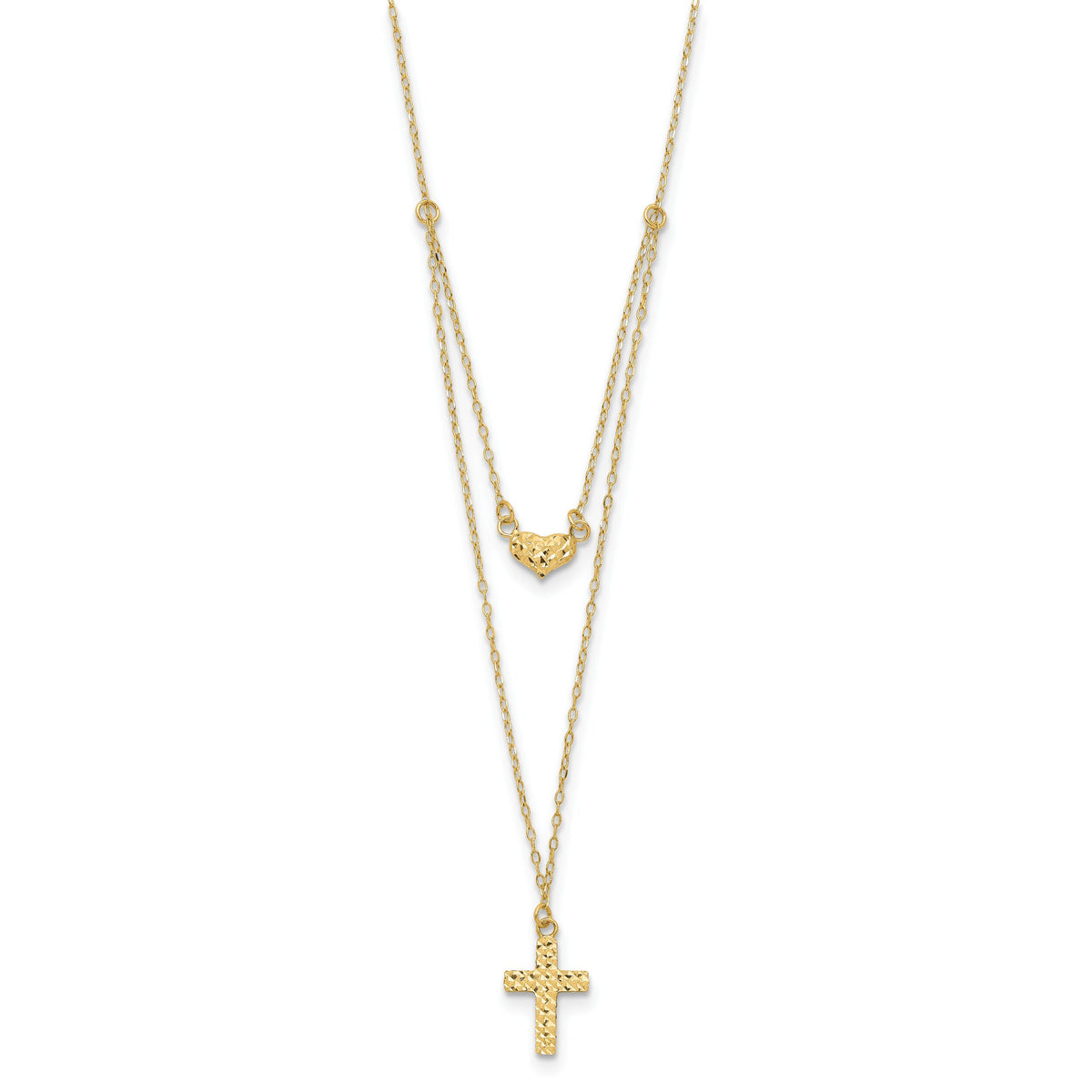 14k Polished 2-Strand D/C Cross & Heart w/2in. Ext. Necklace-SF2524-16