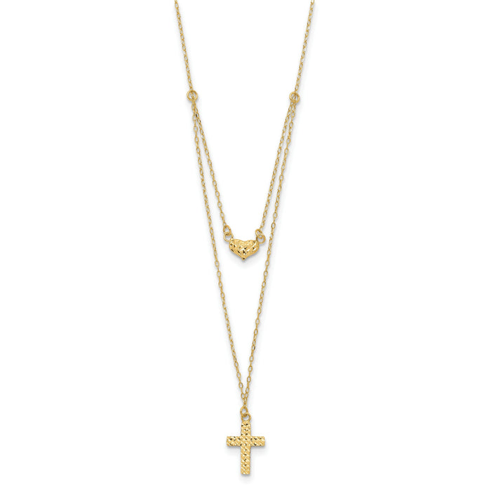 14k Polished 2-Strand D/C Cross & Heart w/2in. Ext. Necklace-SF2524-16