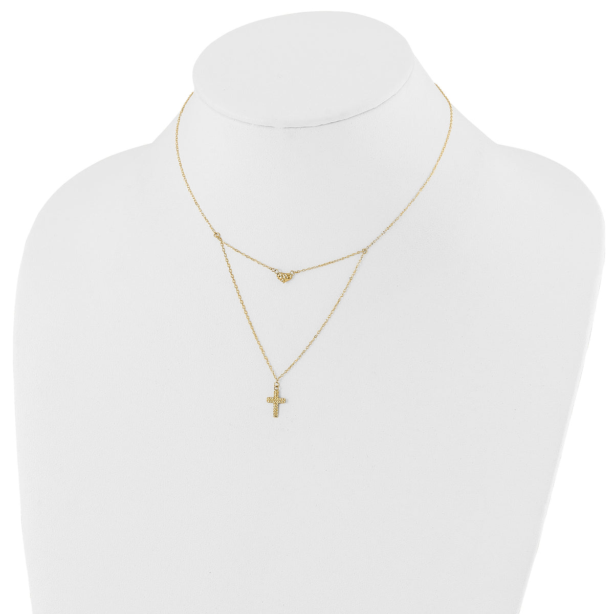 14k Polished 2-Strand D/C Cross & Heart w/2in. Ext. Necklace-SF2524-16