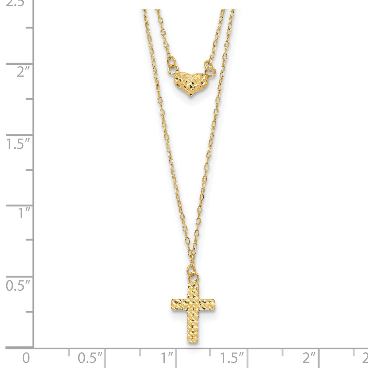 14k Polished 2-Strand D/C Cross & Heart w/2in. Ext. Necklace-SF2524-16
