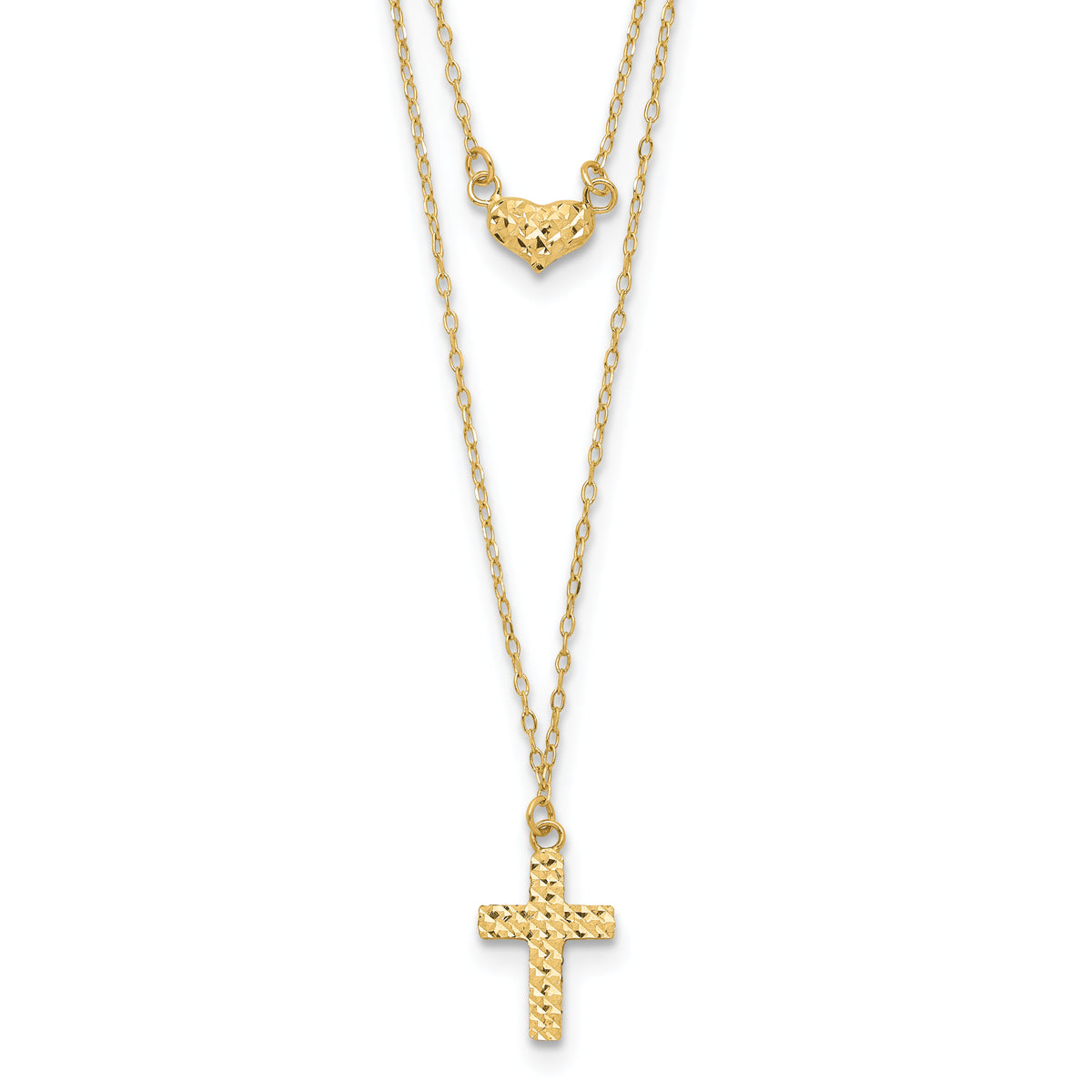 14k Polished 2-Strand D/C Cross & Heart w/2in. Ext. Necklace-SF2524-16