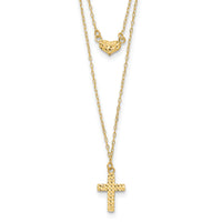 14k Polished 2-Strand D/C Cross & Heart w/2in. Ext. Necklace-SF2524-16