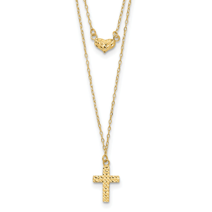 14k Polished 2-Strand D/C Cross & Heart w/2in. Ext. Necklace-SF2524-16