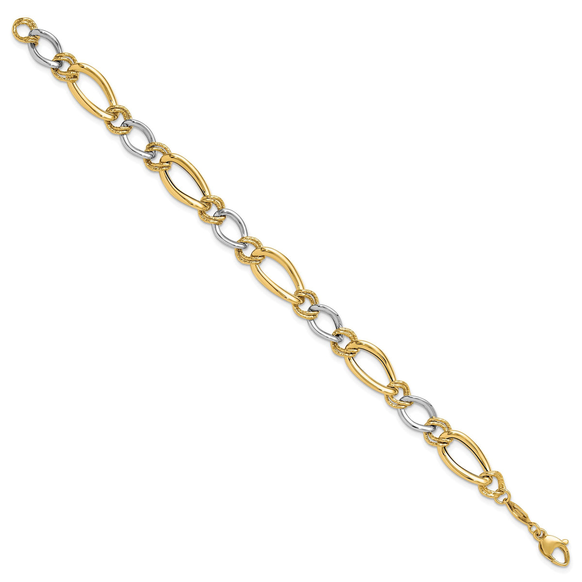 14K Two-tone Polished & Textured Fancy Oval Curb Bracelet-SF2563-7.5