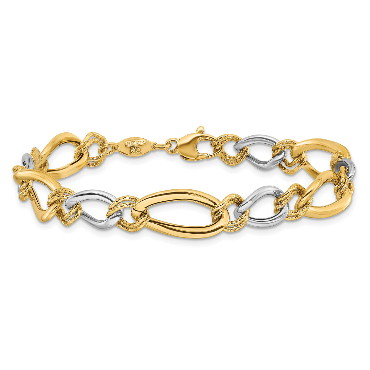 14K Two-tone Polished & Textured Fancy Oval Curb Bracelet-SF2563-7.5
