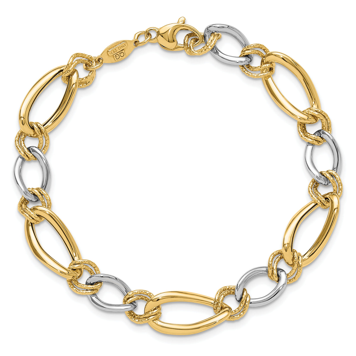 14K Two-tone Polished & Textured Fancy Oval Curb Bracelet-SF2563-7.5