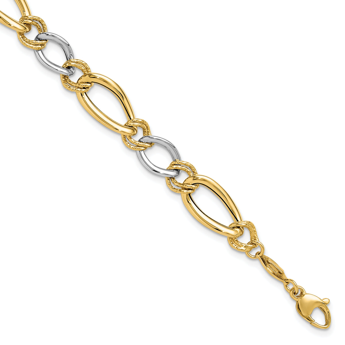 14K Two-tone Polished & Textured Fancy Oval Curb Bracelet-SF2563-7.5