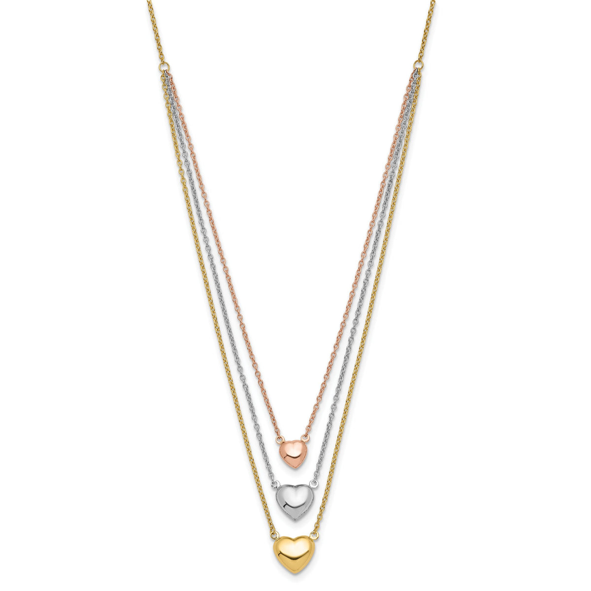 14K Tri-color Three Heart w/ 1in ext. Necklace-SF2643-16
