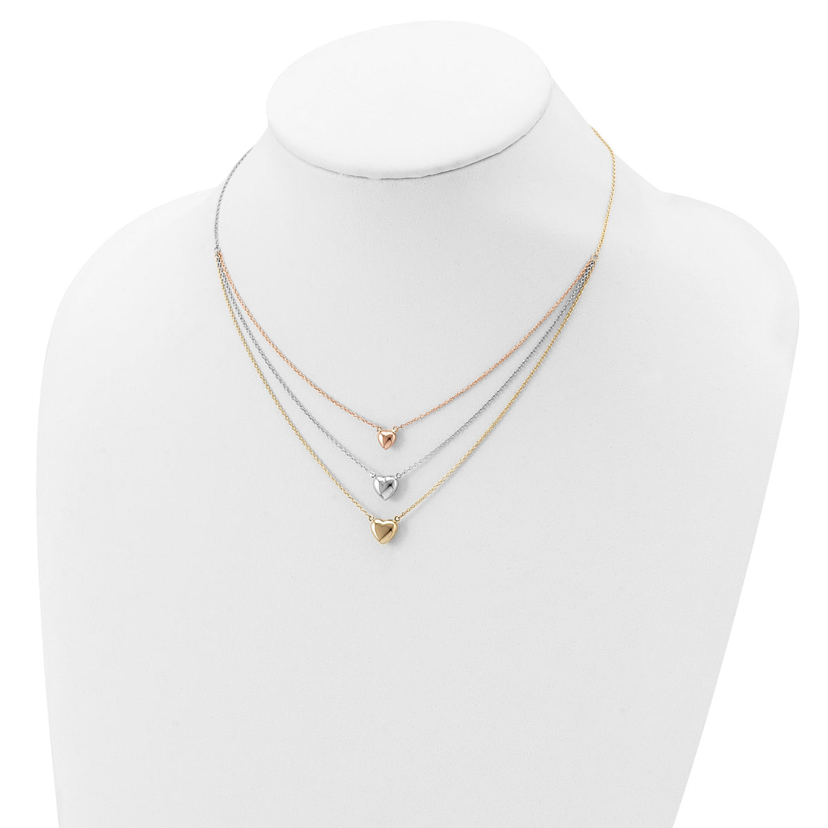 14K Tri-color Three Heart w/ 1in ext. Necklace-SF2643-16